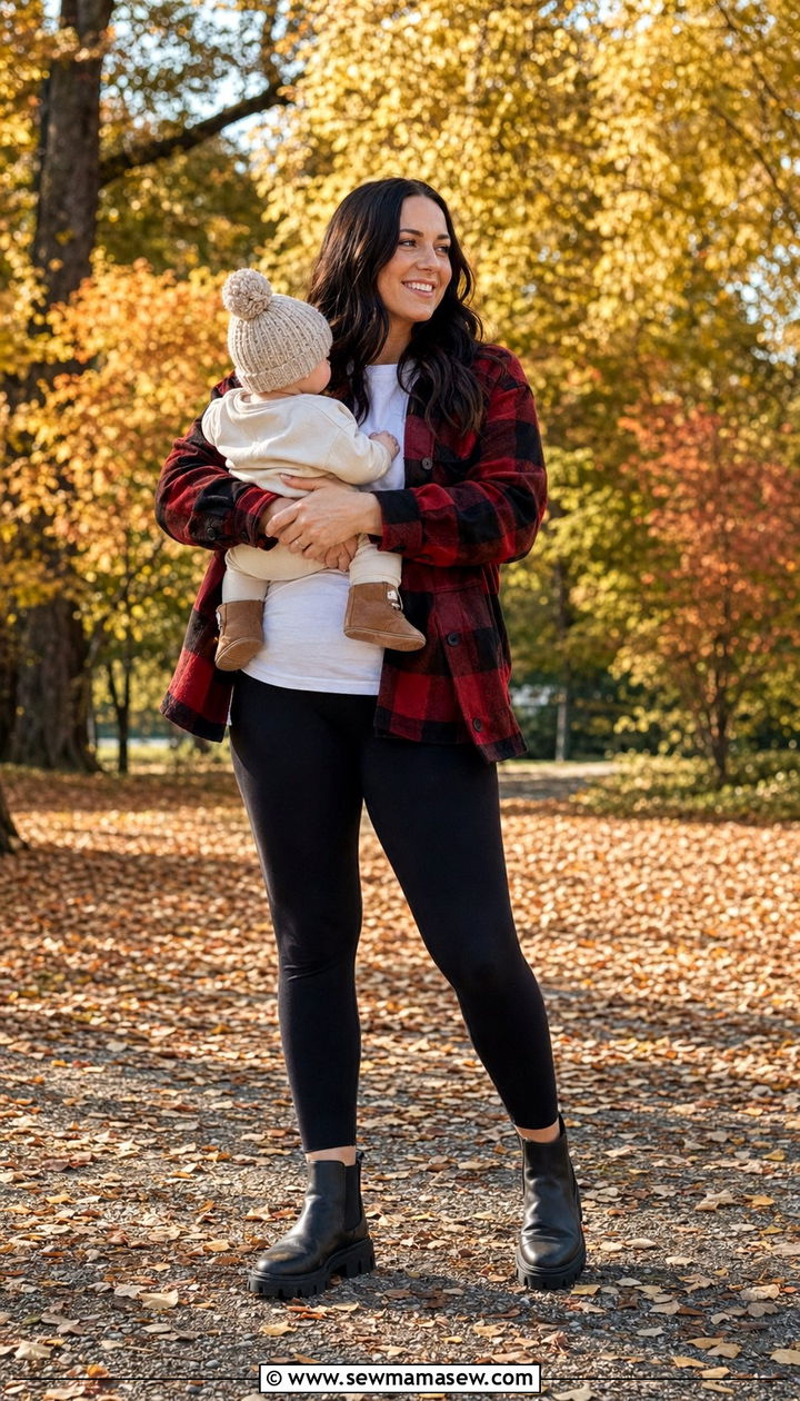 Shacket and basic tee with leggings outfit - 35 Outfit ideas for new moms
