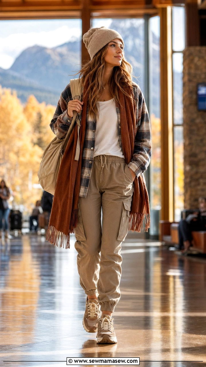 Shacket and cargo joggers with a fringe scarf - 30 Airport outfit ideas with a scarf