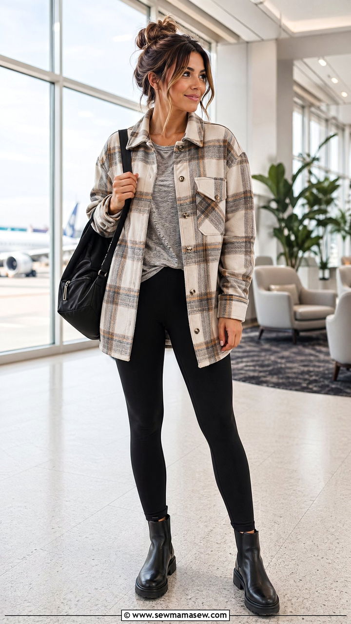 Shacket and leggings airport outfit - 35 chic airport outfits for women