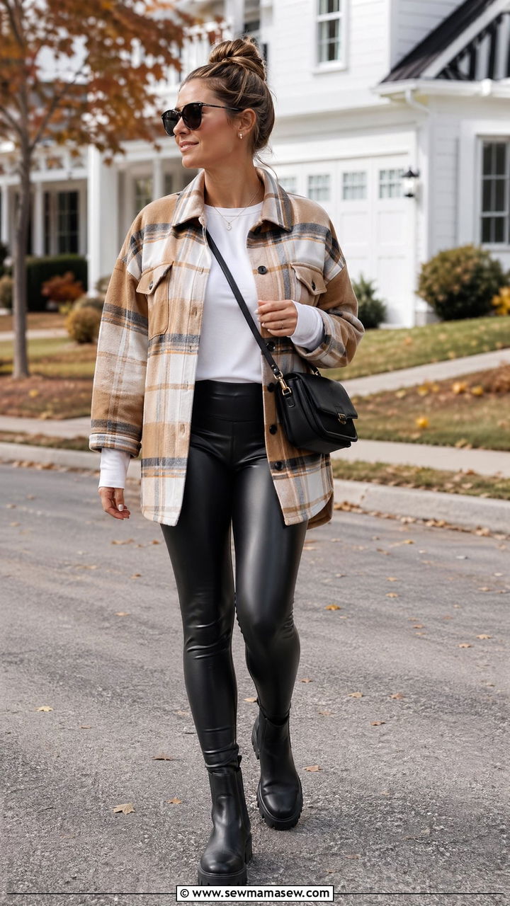 Shacket and leggings outfit - 35 Comfy outfits for moms