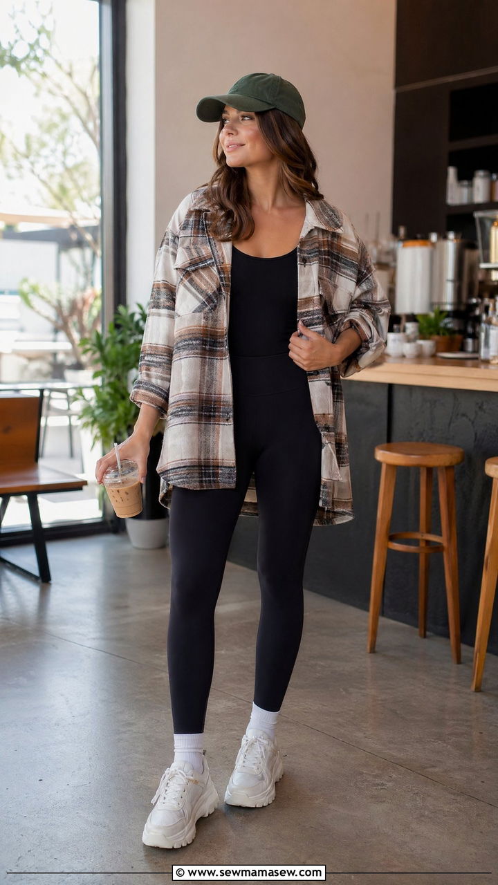 Shacket with Leggings and Platform Sneakers - 35 transitional outfits casual