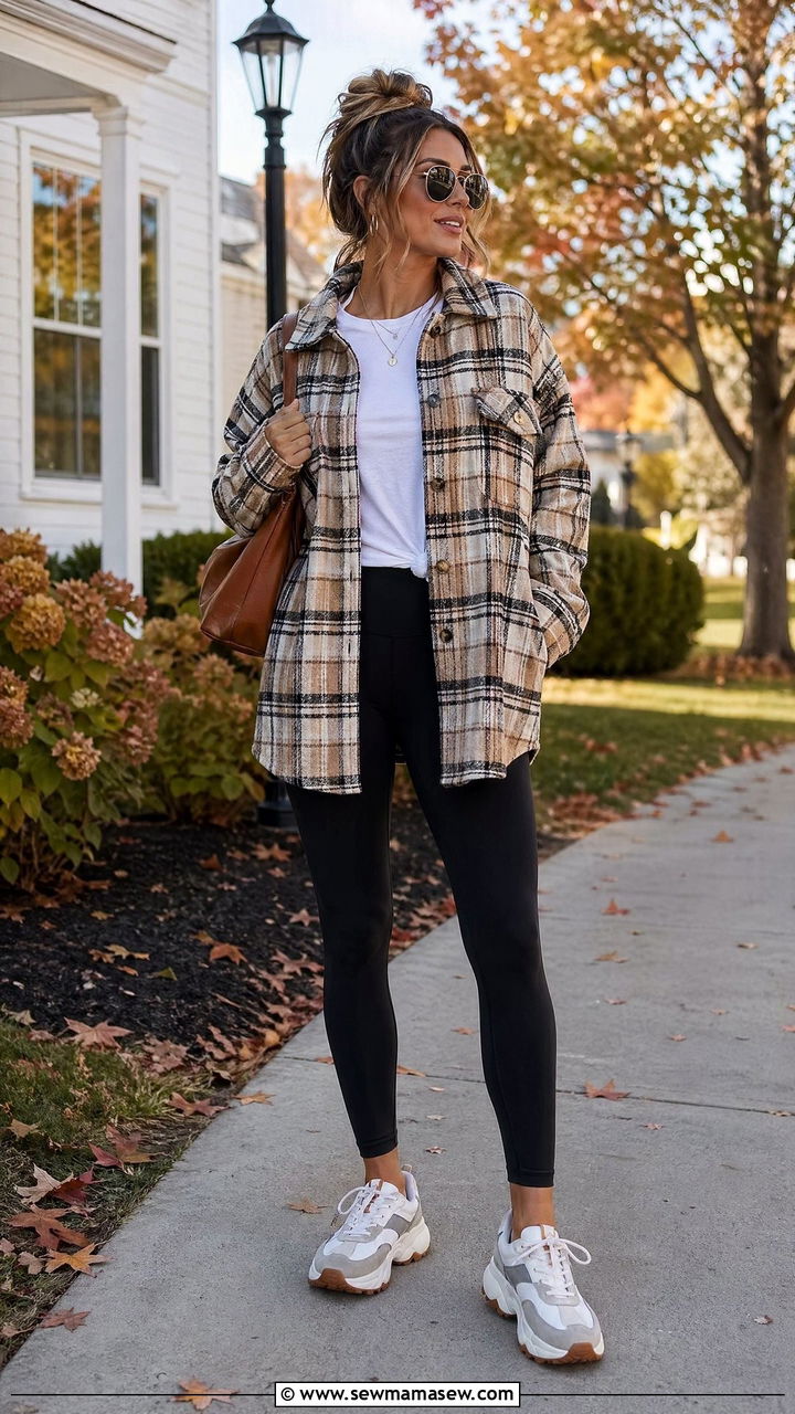 Shacket with Leggings and Sneakers - 35 Chic mom outfit ideas