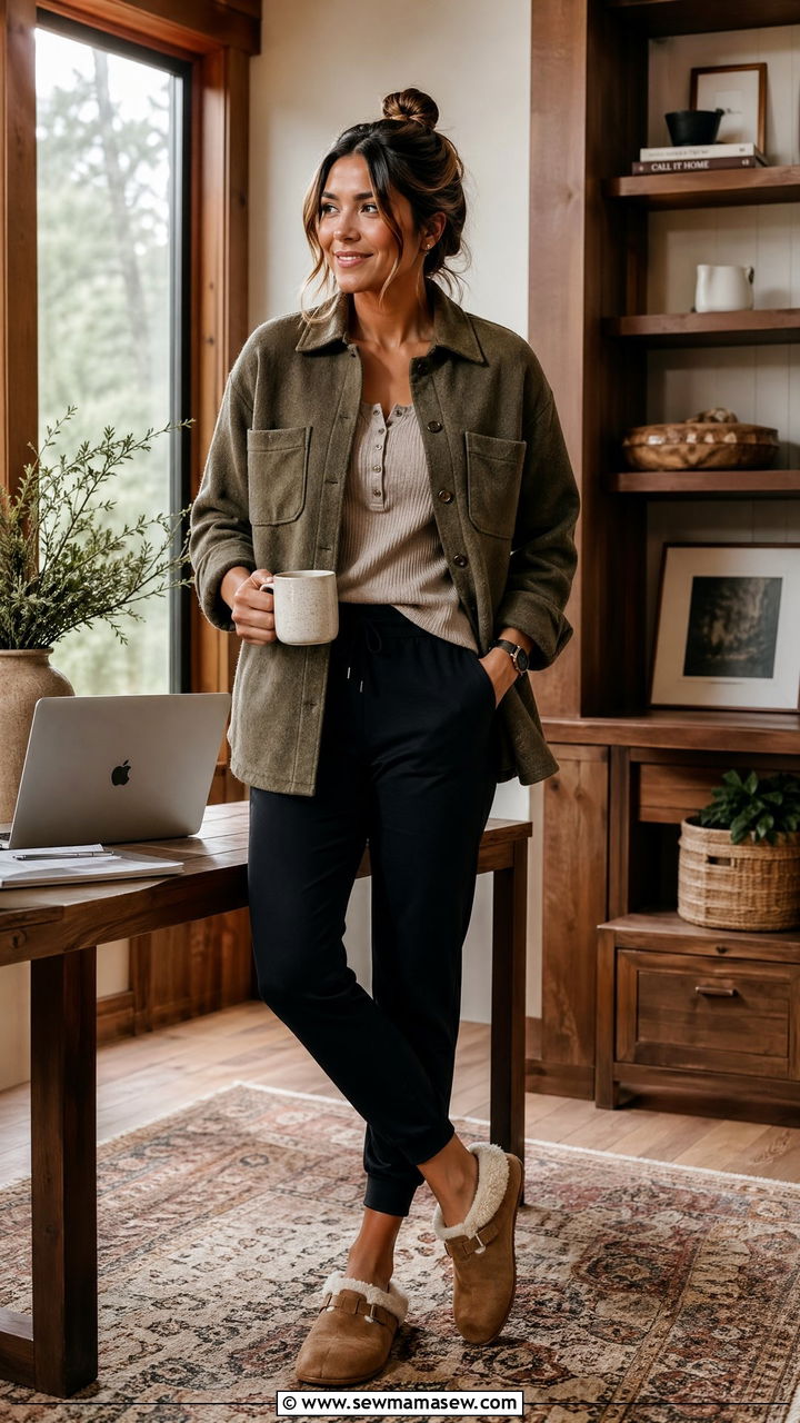 Shacket with henley and slim joggers - 35 Comfortable work from home outfits