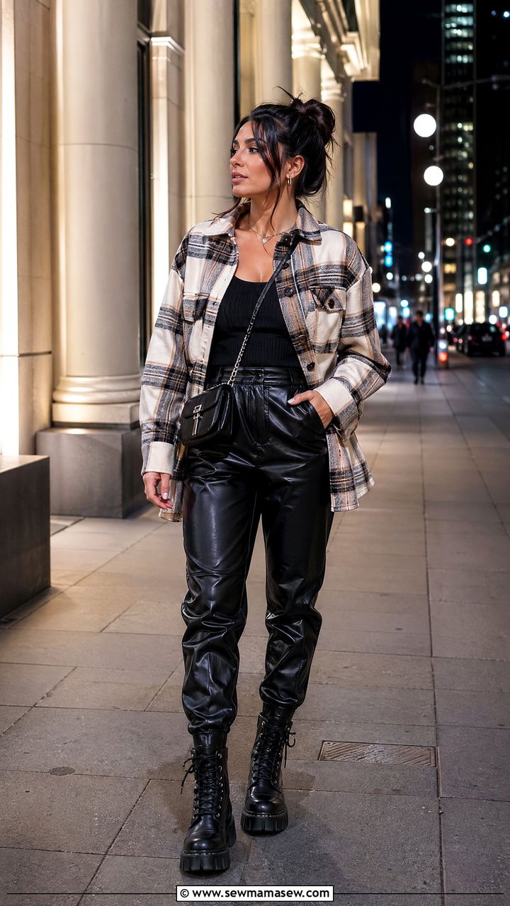 Shacket with knit tank and faux leather trousers - 35 Weekend getaway outfit ideas
