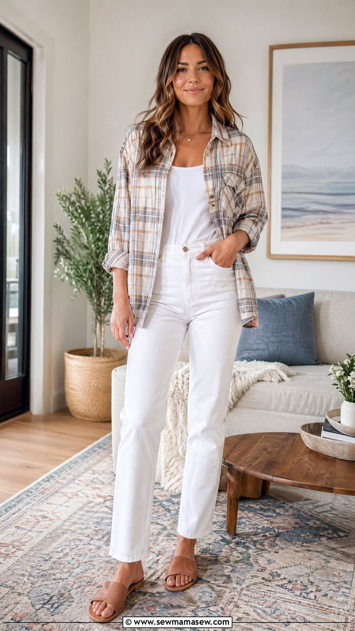 Shacket with white jeans outfit - 35 spring work from home outfit ideas
