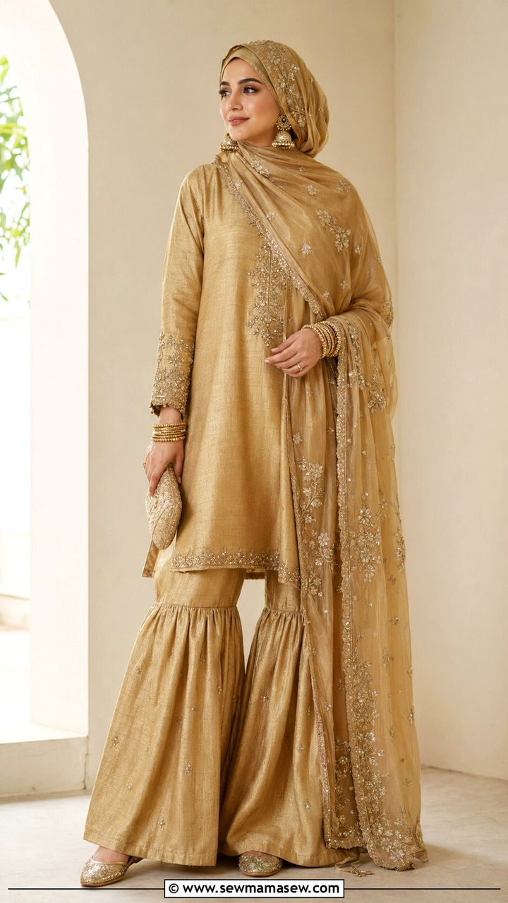 Sharara Set With Embroidered Hijab - 30 wedding guest outfits for hijab women