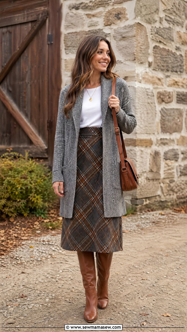 Shawl Collar Cardigan With Plaid Midi Skirt and Boots - 35 transitional old money outfit ideas