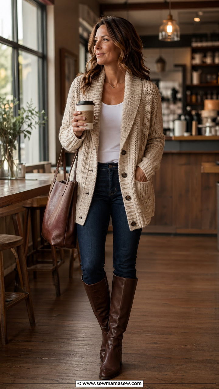 Shawl Collar Cardigan with Slim Jeans - 35 classy outfits for women over 30