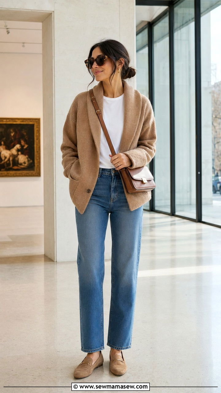 Shawl collar cardigan with straight leg jeans museum outfit - 35 museum outfit ideas