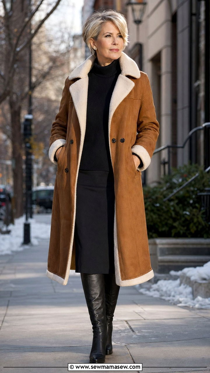 Shearling Coat With a Pencil Skirt and Boots - 30 Best jackets for women over 50