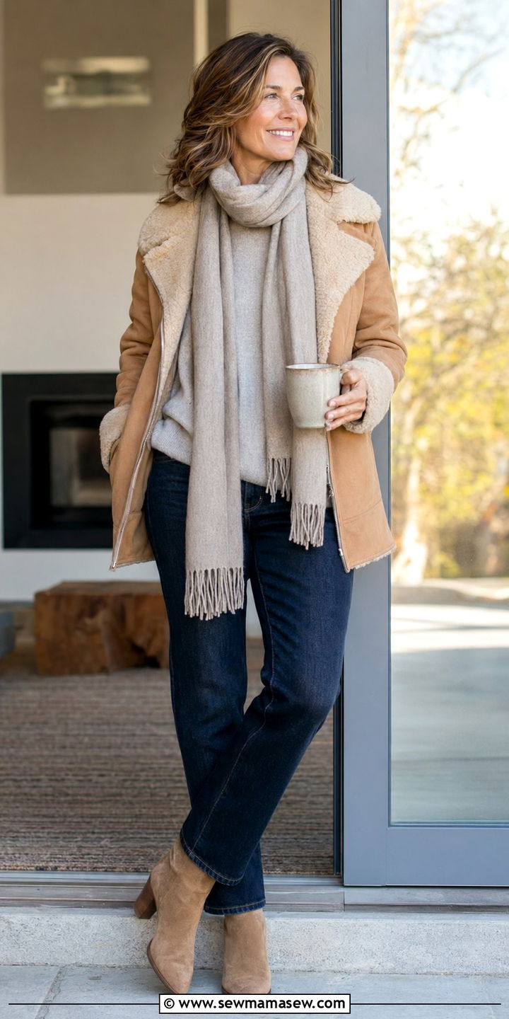 Shearling Jacket With Dark Wash Jeans And Suede Ankle Boots - 35 Old money outfits for women over 40