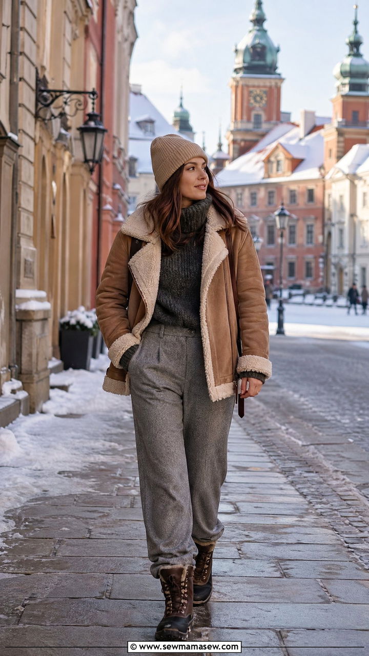 Shearling Jacket With Straight Wool Trousers And Gloves - 35 Warsaw outfit ideas
