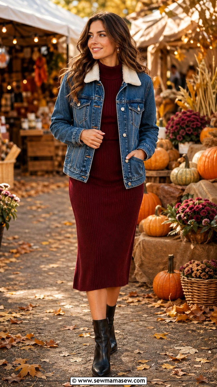 Shearling Lined Denim Jacket with Ribbed Knit Dress and Ankle Boots - 30 windy day outfits for women