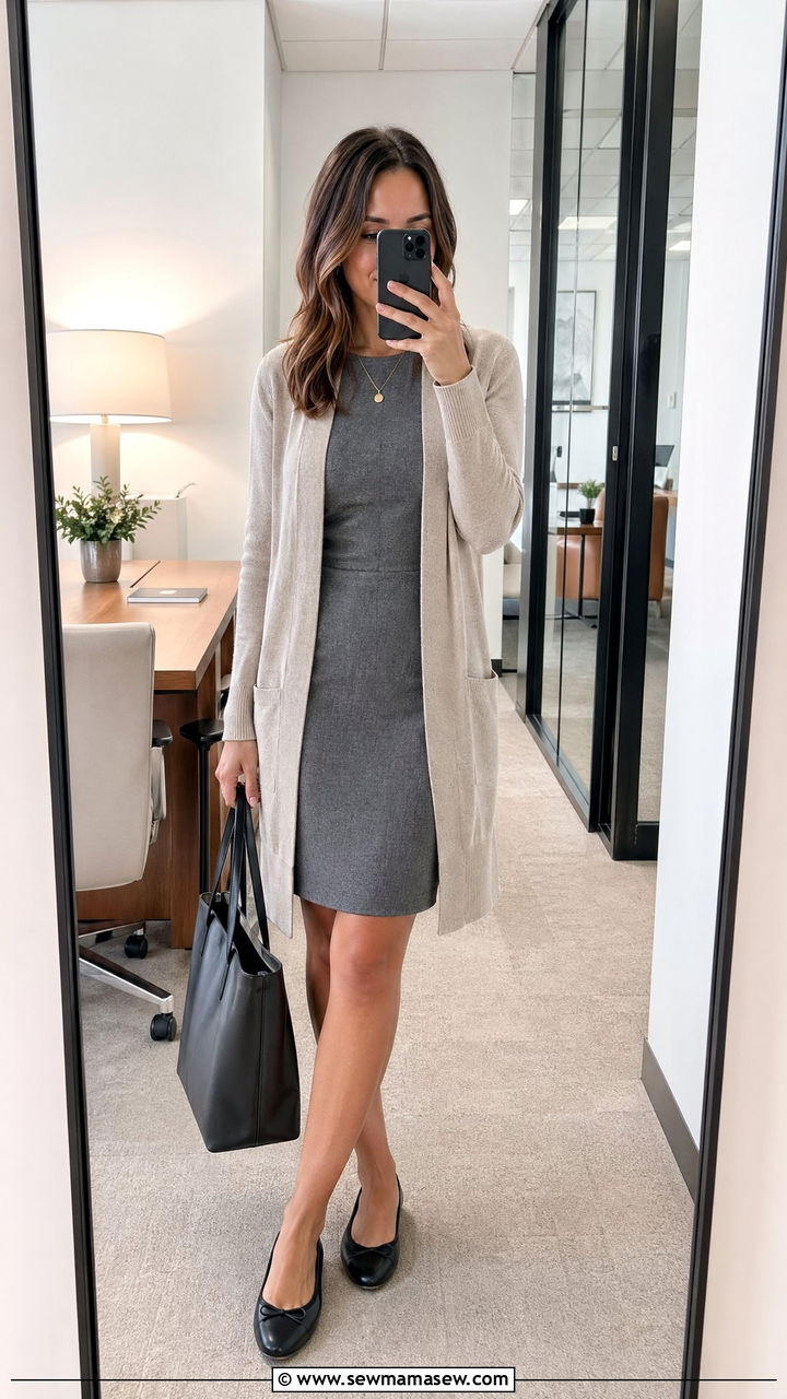 Sheath Dress With A Longline Cardigan And Ballet Flats - 35 Classic business casual outfits
