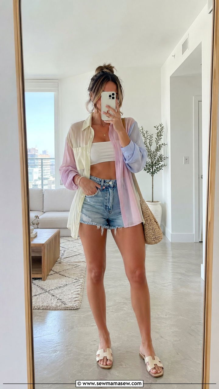 Sheer Blouse And Denim Shorts - 35 cute hot weather outfits