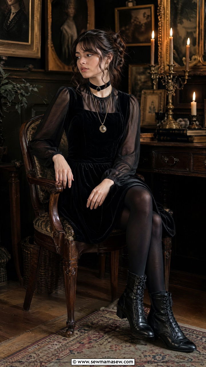 Sheer Blouse Outfit With Velvet Pinafore And Tights - 35 Dark academia outfit ideas