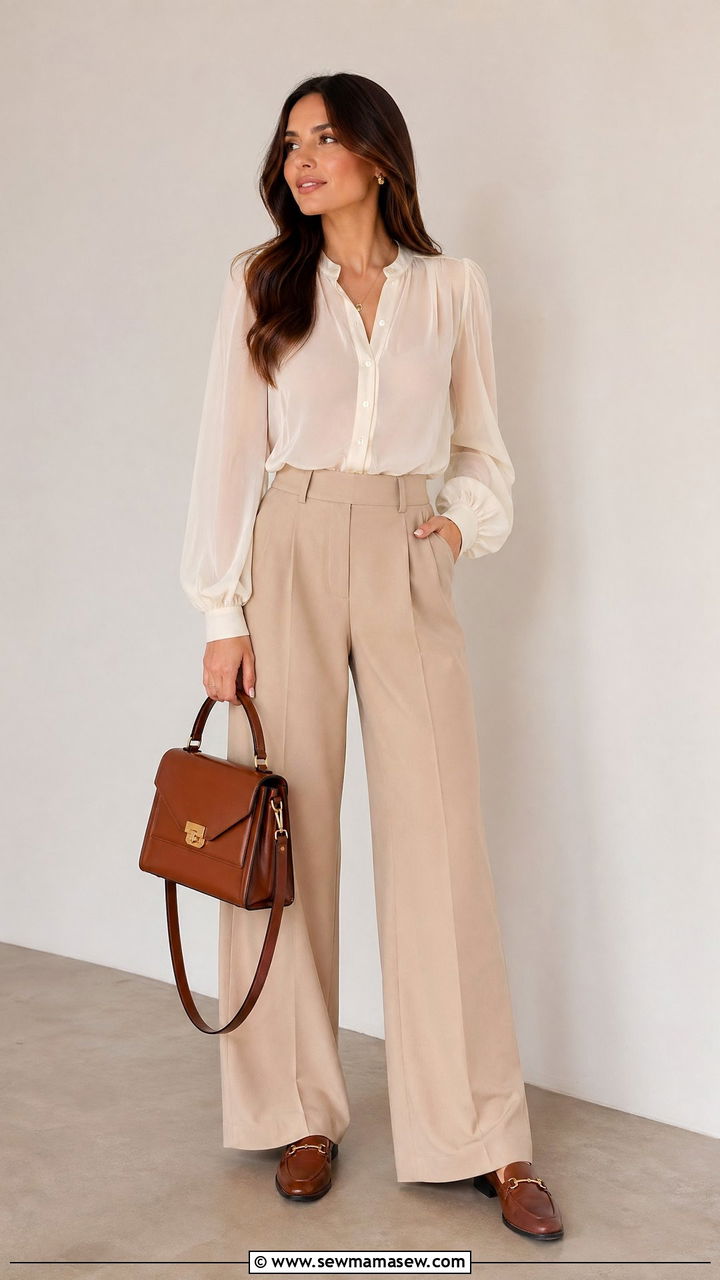 Sheer Blouse Tucked into Wide Leg Trousers Outfit - 35 transitional chic outfit ideas