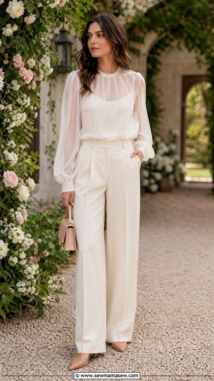Sheer Blouse With Tailored Trousers And Pointed Flats - 35 spring classy outfit ideas
