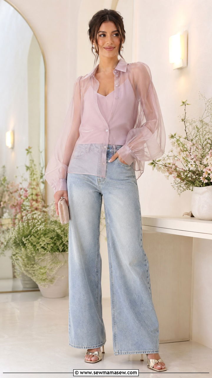 Sheer Blouse and Cami with Wide Leg Jeans - 35 wide leg jeans outfits for women
