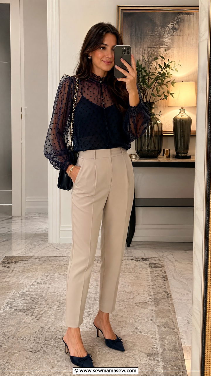 Sheer Blouse and Structured Trousers Concert Outfit - 35 classy concert outfit ideas
