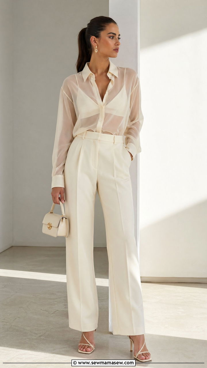 Sheer Blouse and Tailored Trousers Summer Outfit - 35 Summer outfits for women in their 20s