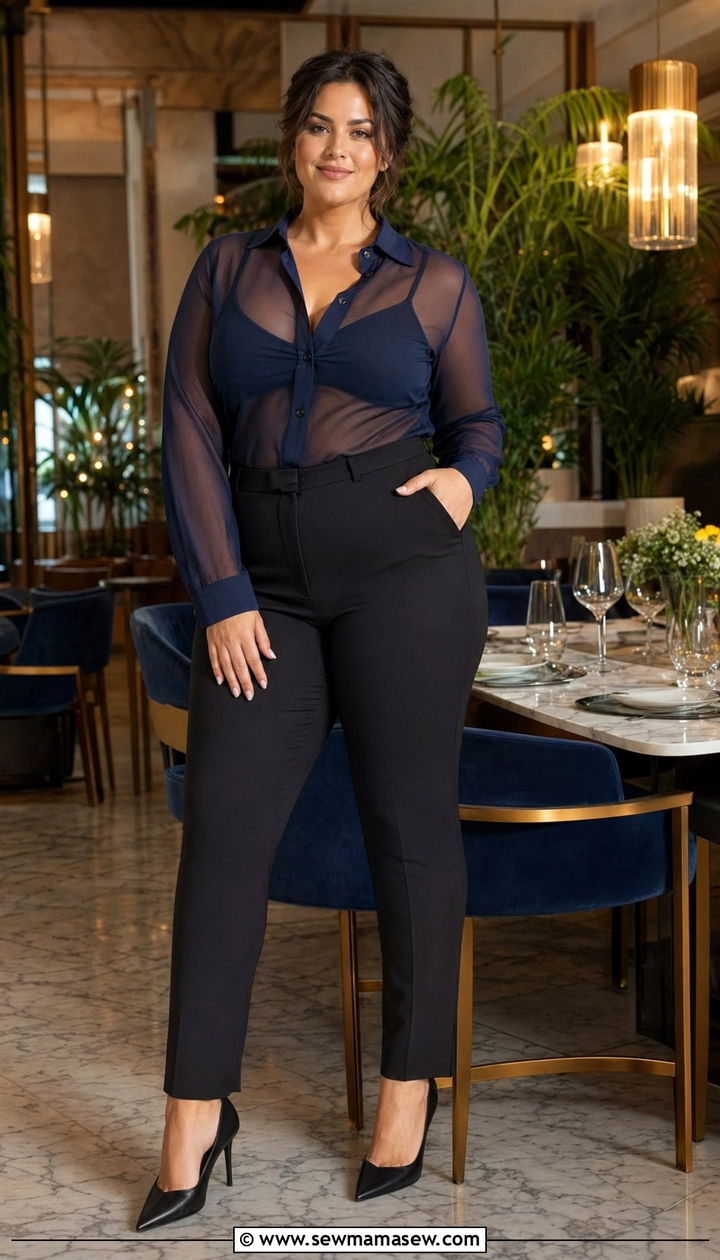 Sheer Blouse with Camisole and Trousers Outfit - 30 Best tops for plus size
