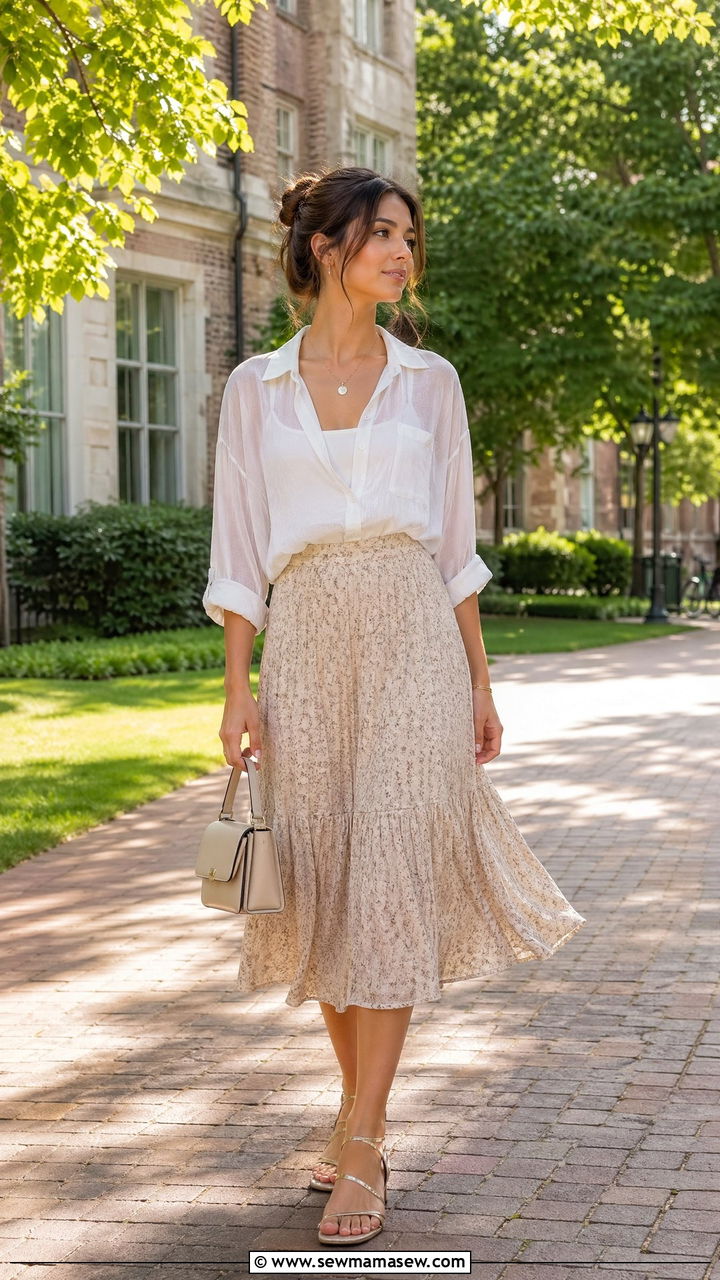 Sheer Blouse with High Waisted Midi Skirt Outfit - 35 Summer outfits for college girls
