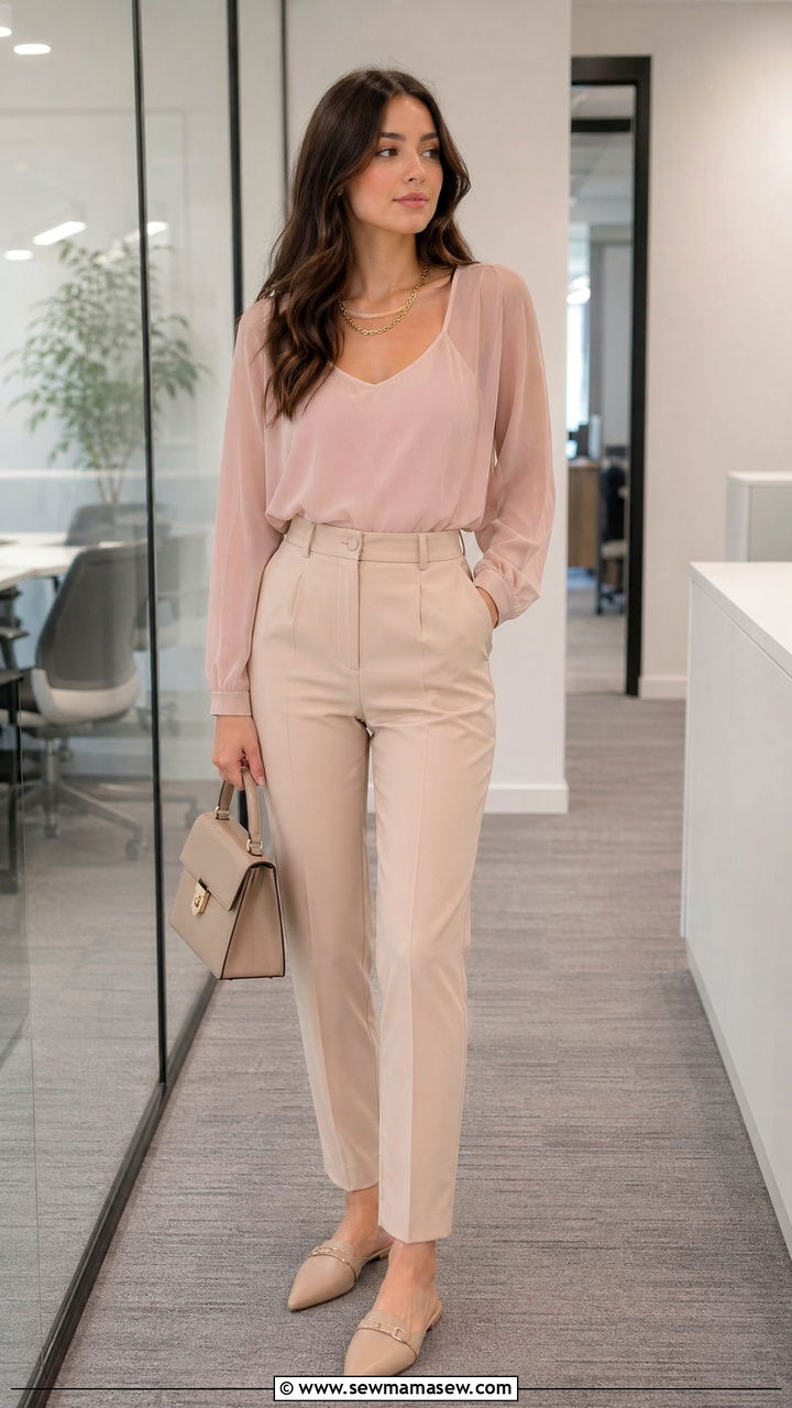 Sheer Blouse with High Waisted Tailored Trousers - 35 Summer outfits for young women