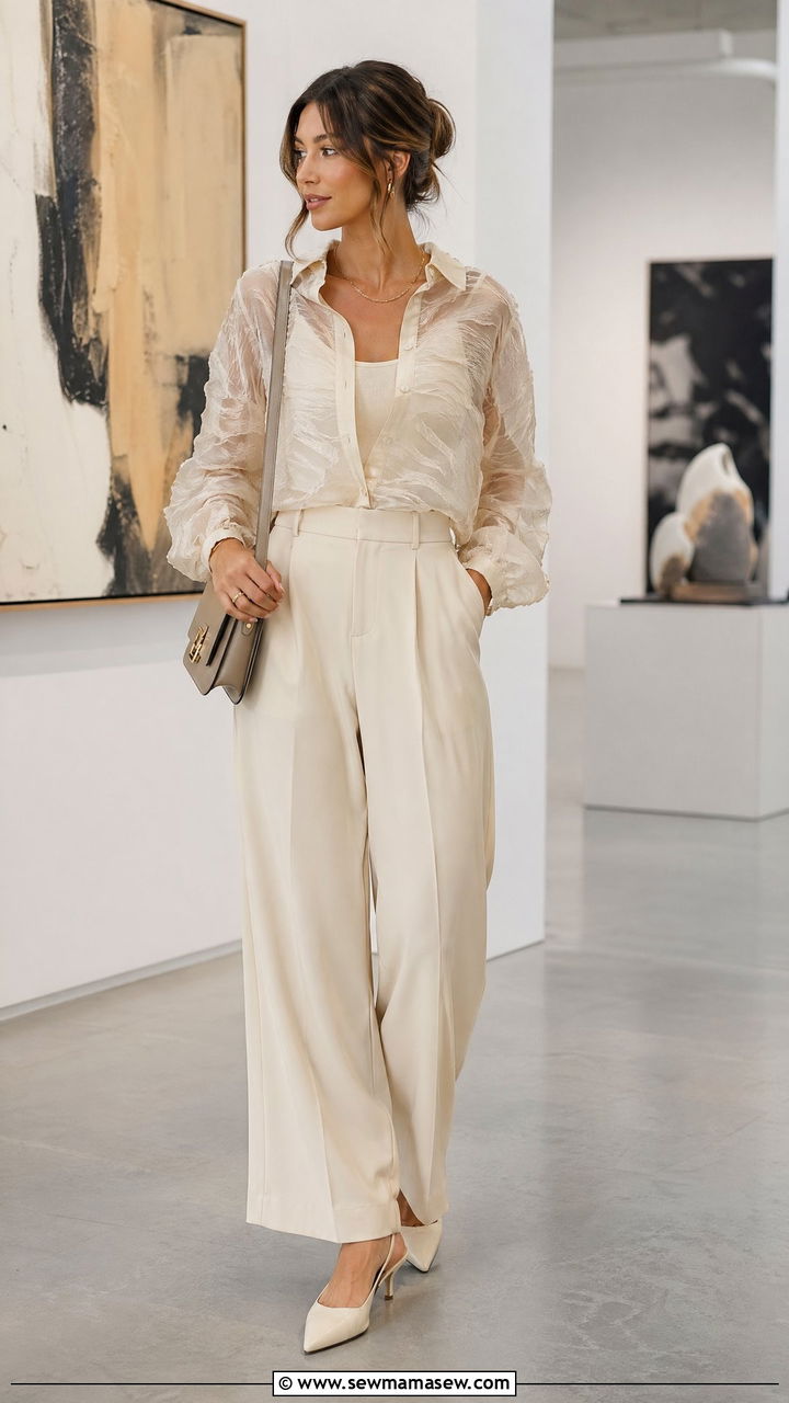 Sheer Blouse with Trousers Spring Outfit - 35 spring romantic outfits