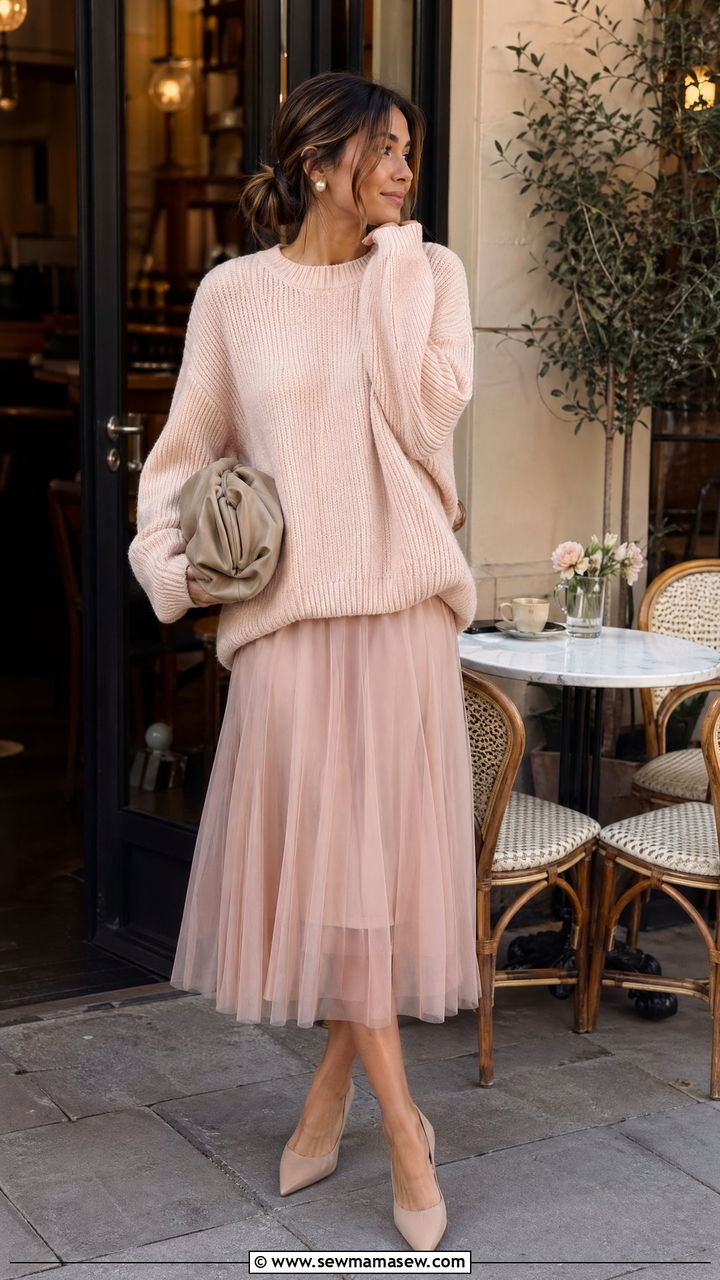 Sheer Blush Midi Skirt and Oversized Knit Spring Birthday - 35 Spring birthday outfit ideas