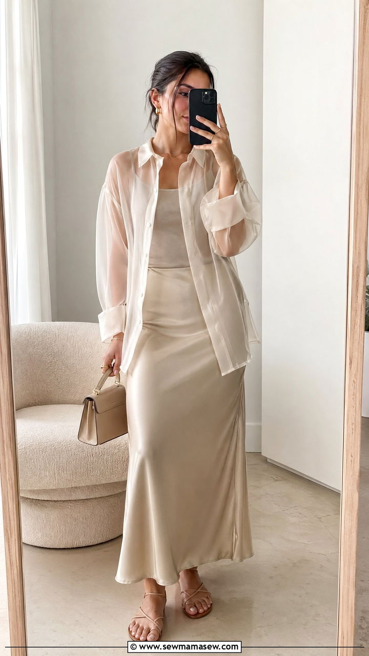 Sheer Button Down With Slip Skirt Outfit - 35 spring to summer outfits