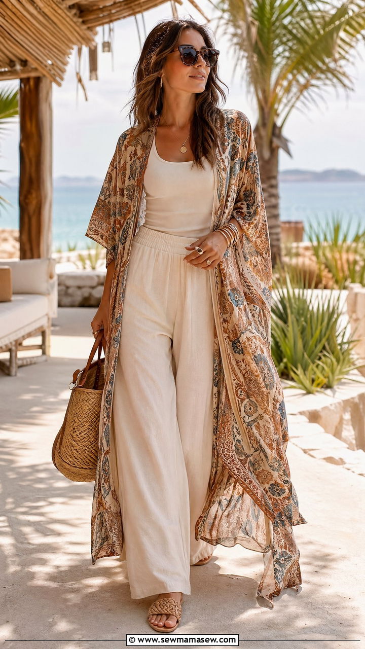 Sheer Caftan Over Bralette and Flared Pants - 35 summer boho chic outfit ideas