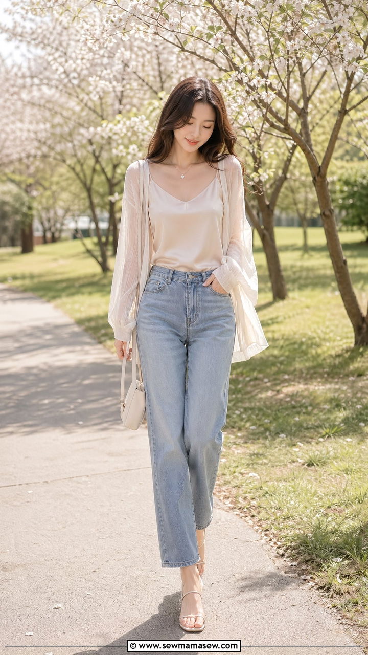 Sheer Cardigan Over Satin Camisole and Straight Jeans - 35 spring soft girl outfit ideas