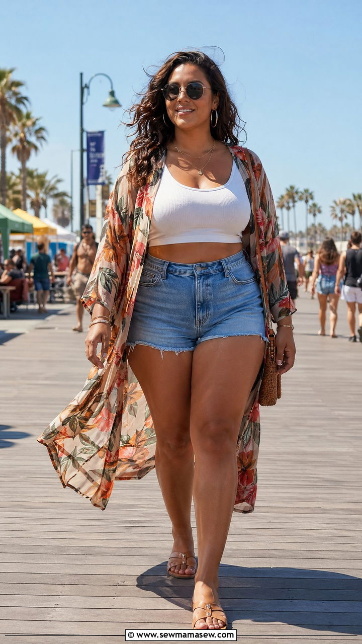Sheer Duster Kimono Crop Top and Shorts Curvy Look - 35 Concert outfits for curvy women