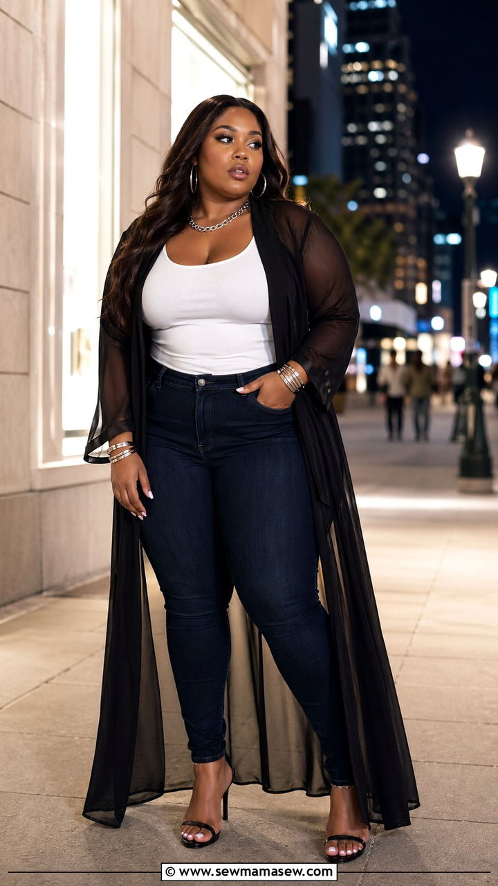 Sheer Duster With Tank Top And Jeans - 35 Plus size outfit ideas size 24 summer