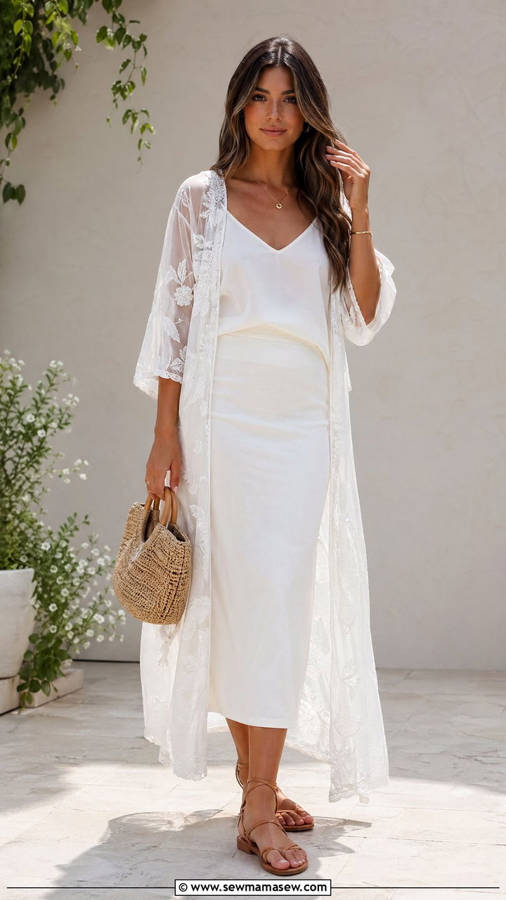 Sheer Embroidered Kimono and White Camisole - 35 summer boho chic outfits
