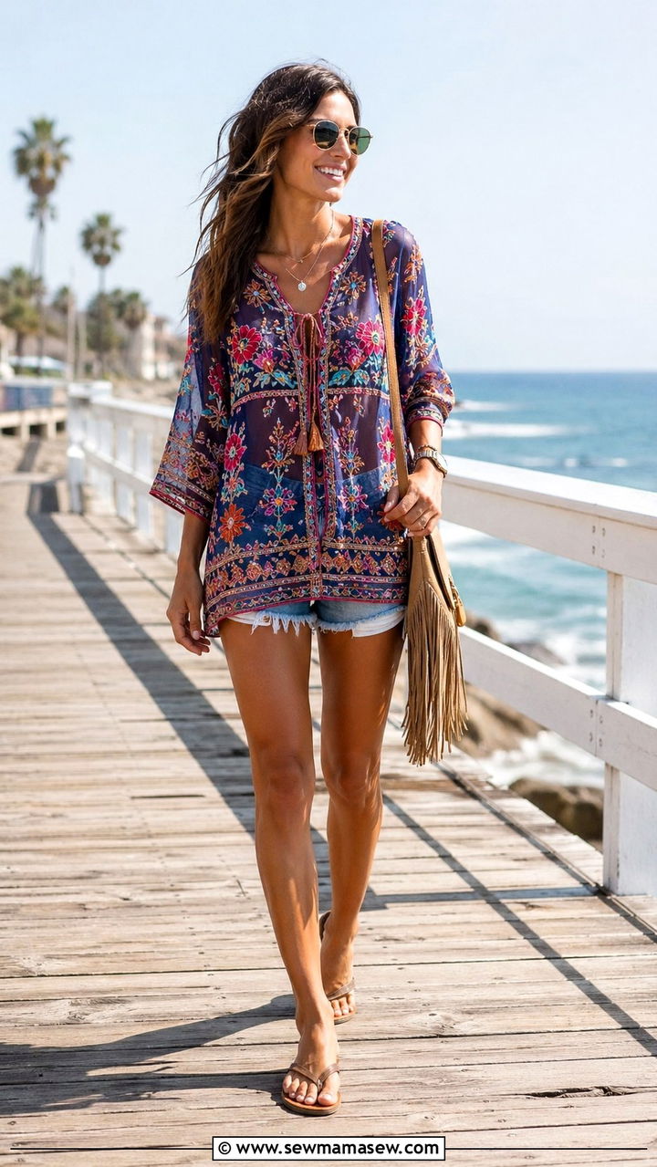Sheer Embroidered Tunic Over Denim Shorts - 30 Spring boho outfits 2026
