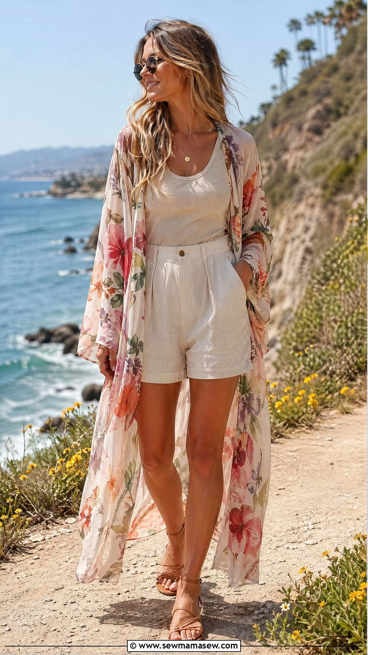 Sheer Floral Kimono Over Neutral Tank and High Waisted Shorts - 35 summer boho chic outfit ideas