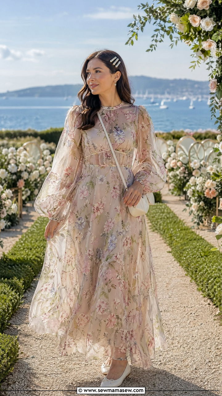 Sheer Floral Maxi Dress with Ballet Flats - 35 spring wedding guest outfit ideas for women