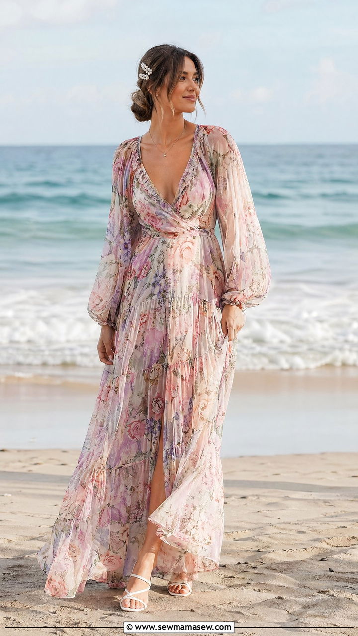 Sheer Floral Maxi Dress with White Sandals - 35 chic wedding guest outfits for women