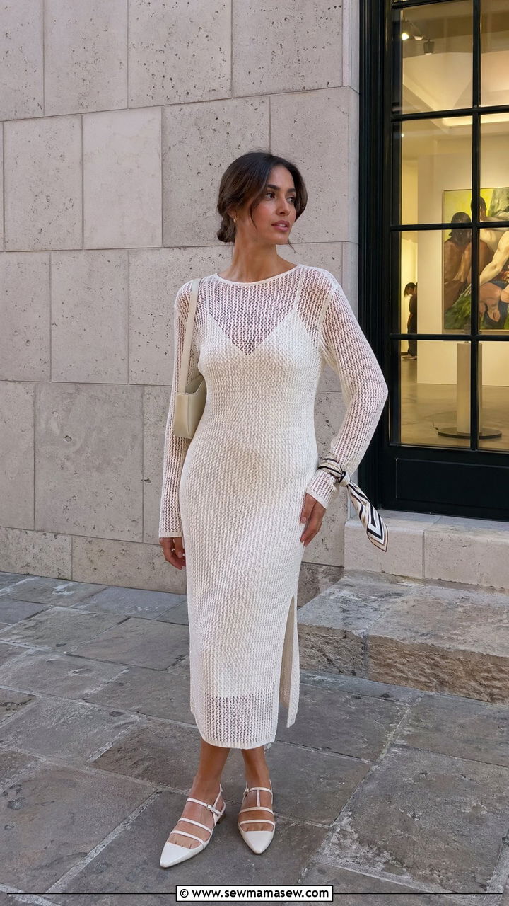 Sheer Knit Dress Layered Over a Slip Dress - 35 Spring outfits in white