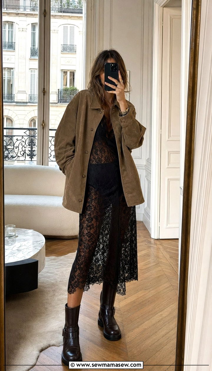 Sheer Lace Dress and Oversized Suede Jacket Outfit - 35 Paris outfits 2026