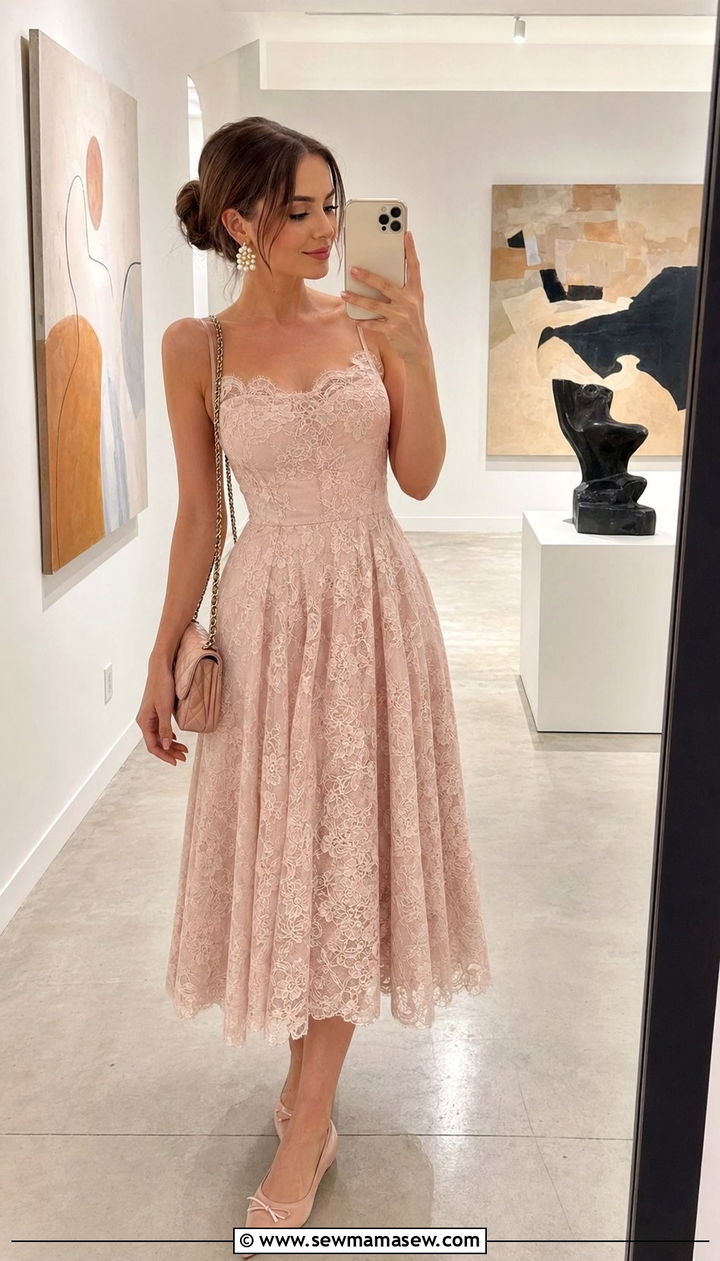 Sheer Lace Overlay Dress With Pointed Toe Flats - 35 Romantic summer outfits
