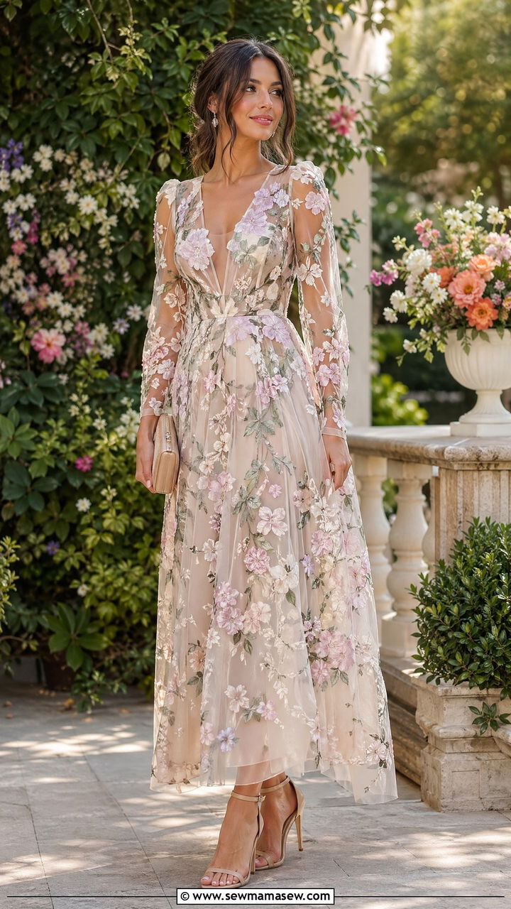 Sheer Long Sleeve Gown with Floral Appliques Wedding - 35 cute summer wedding guest outfits