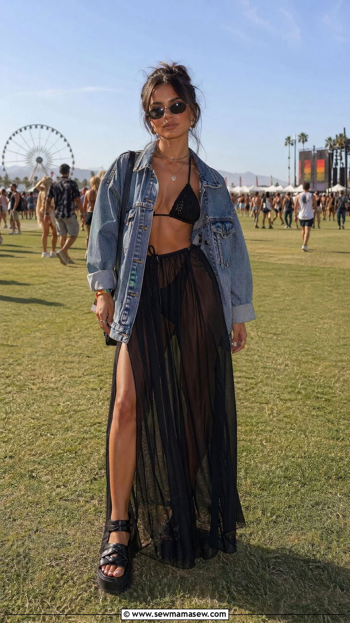 Sheer Maxi Skirt With A Bikini Top And Oversized Denim Jacket - 35 Concert outfits for petite women