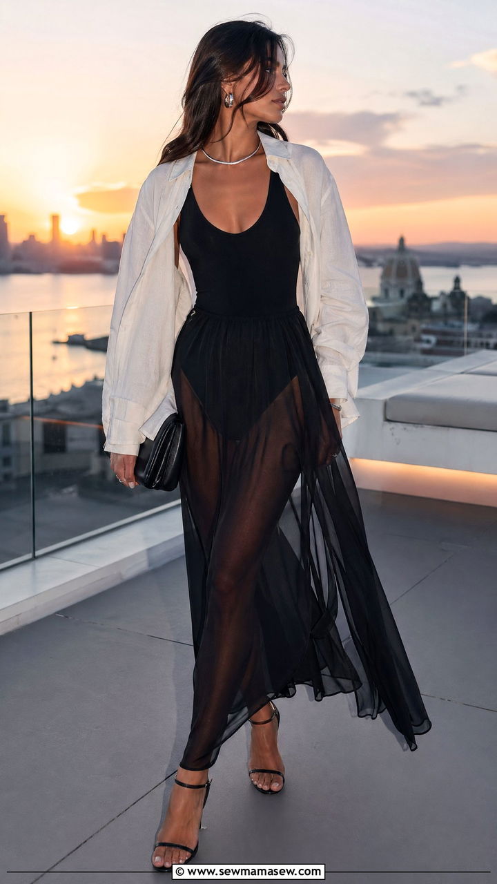 Sheer Maxi Skirt With Bodysuit And Lightweight Jacket Outfit - 35 Classy summer outfits