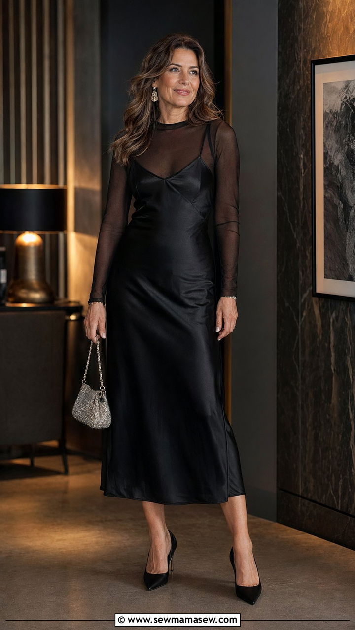Sheer Mesh Top Layered Under a Slip Dress Outfit - 30 y2k outfit ideas for women over 40