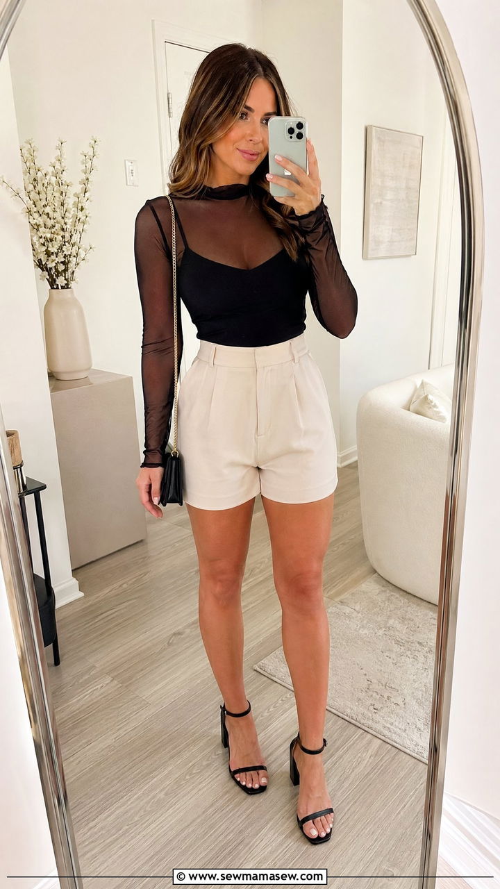 Sheer Mesh Top With High Waisted Shorts And Block Heels - 35 spring feminine outfit ideas