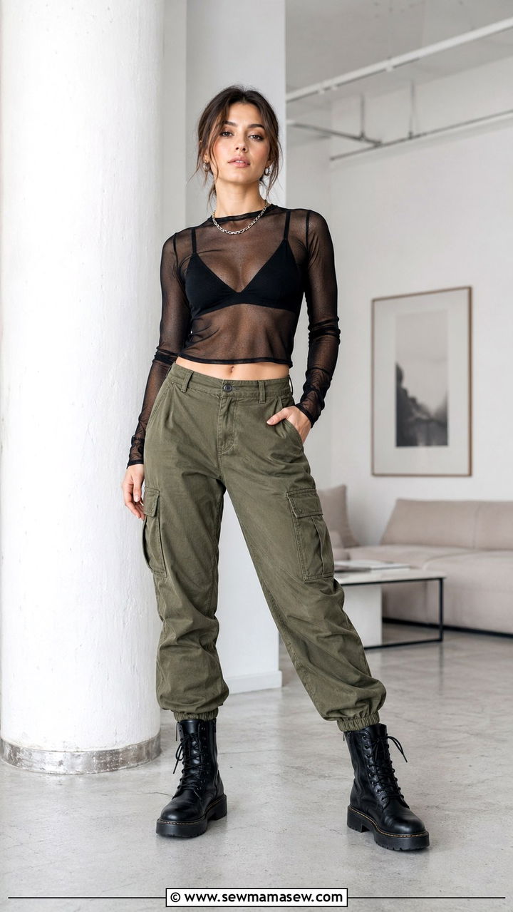 Sheer Mesh Top over Bralette with Cargo Pants and Combat Boots - 30 spring edgy outfit ideas