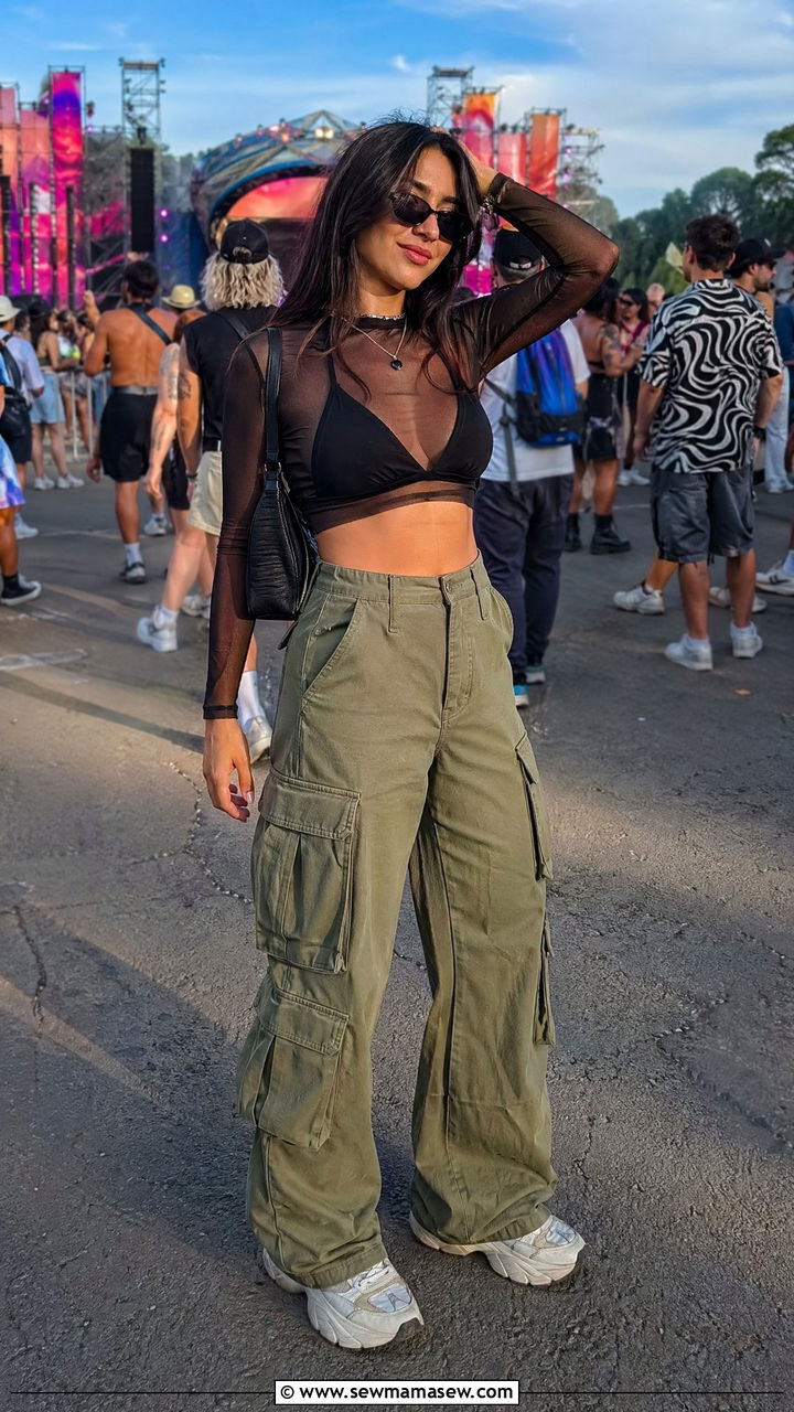 Sheer Mesh Top with Bralette and Cargo Pants - 35 cute festival outfits